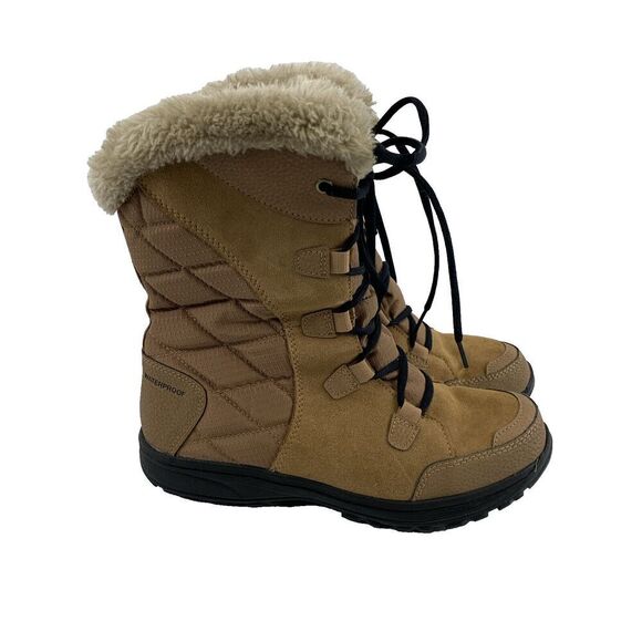 Columbia Ice Maiden II Boots Winter Tan Brown LaceUp Mid Faux Fur Trim Women 9.5 - Picture 1 of 10